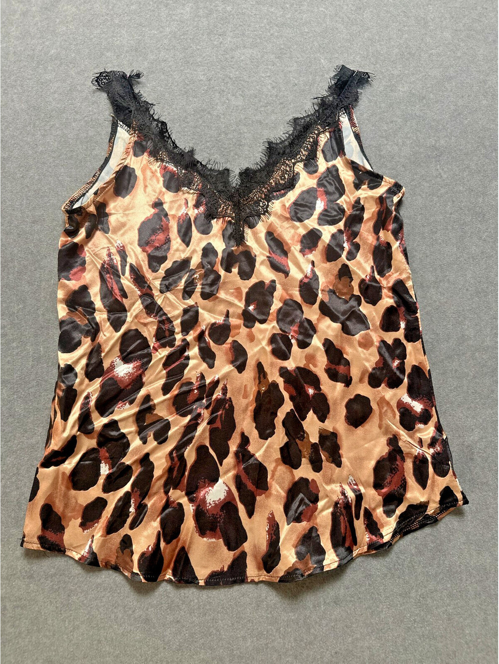 Leopard Satin Lace Trim Cami Tank Top Women’s Small Y2K Animal Print